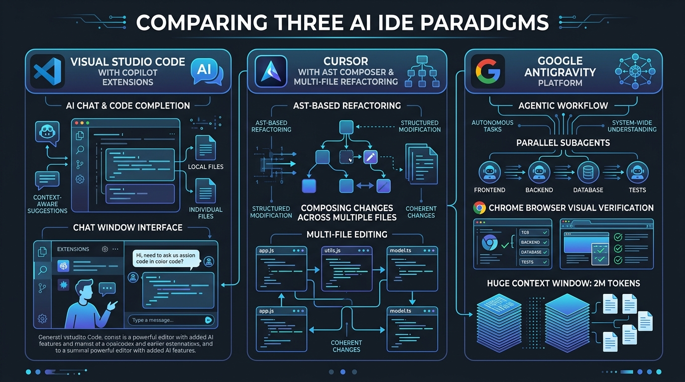 Comparison diagram of VS Code, Cursor, and Google Antigravity architectures