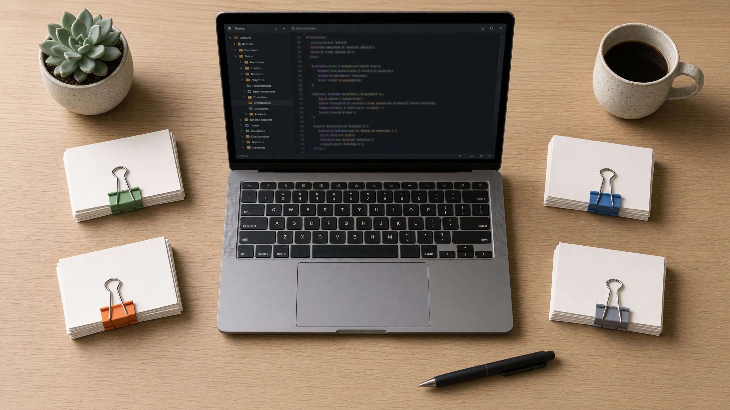 Overhead view of a laptop showing a file tree and code editor, surrounded by four stacks of index cards held by green, orange, blue and grey binder clips
