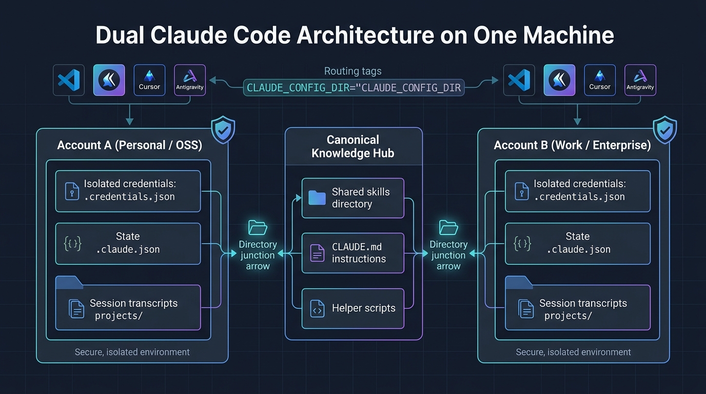 Dual Claude Code Architecture on One Machine diagram showing isolated account containers and canonical shared skills hub