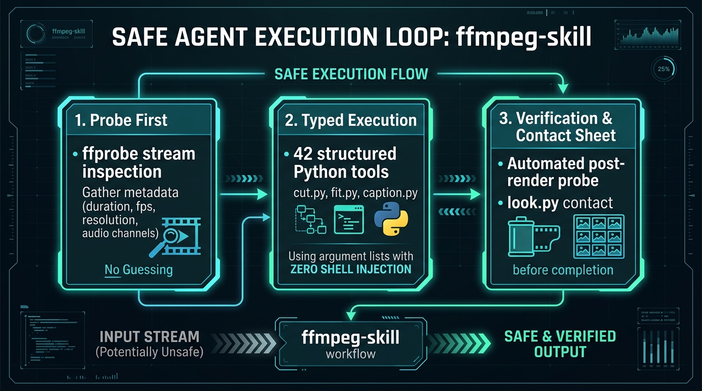 Workflow diagram illustrating probe first, typed execution, and contact sheet visual verification