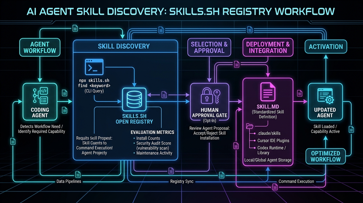 AI Agent Skill Discovery architecture diagram showing skills.sh registry workflow, evaluation metrics, and approval gate
