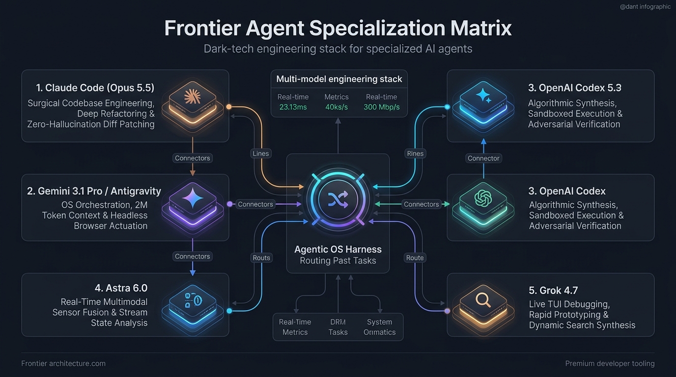 Frontier Agent Specialization Matrix comparing Claude Opus 5.5, Gemini 3.1 Pro, OpenAI Codex, Astra 6.0, and Grok 4.7