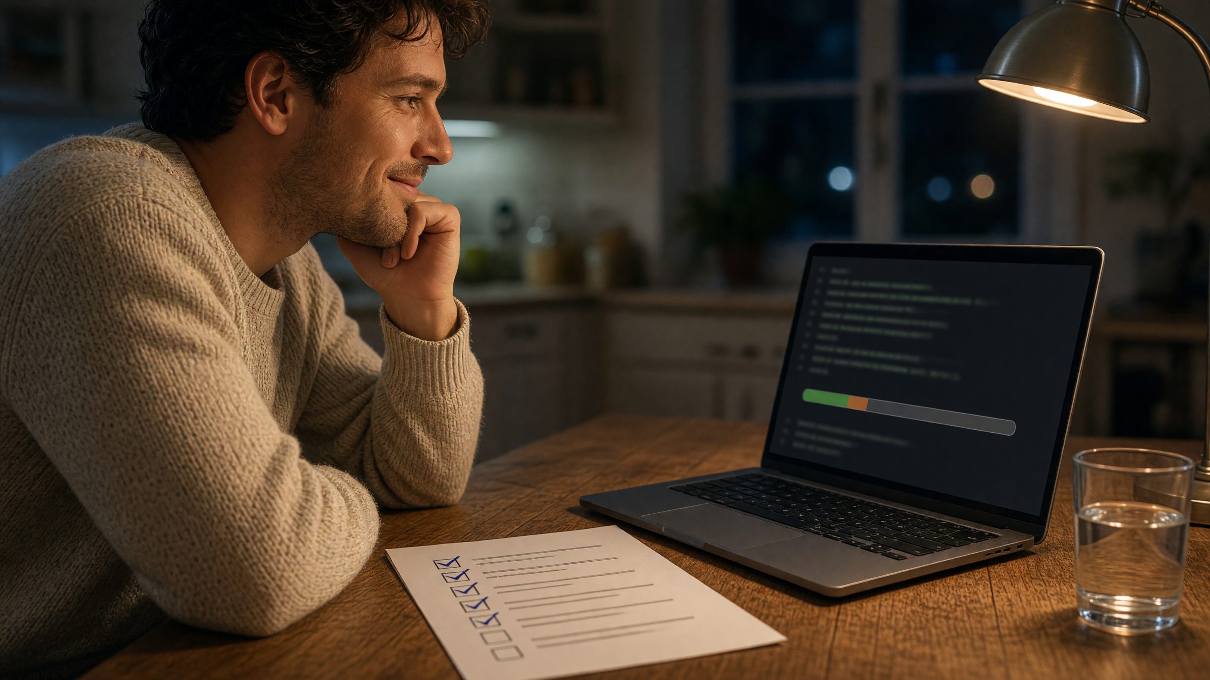Developer at a kitchen table at night, chin resting on one hand, looking at a laptop whose meter bar is mostly empty grey with a short green and orange segment, beside a printed checklist with five items ticked